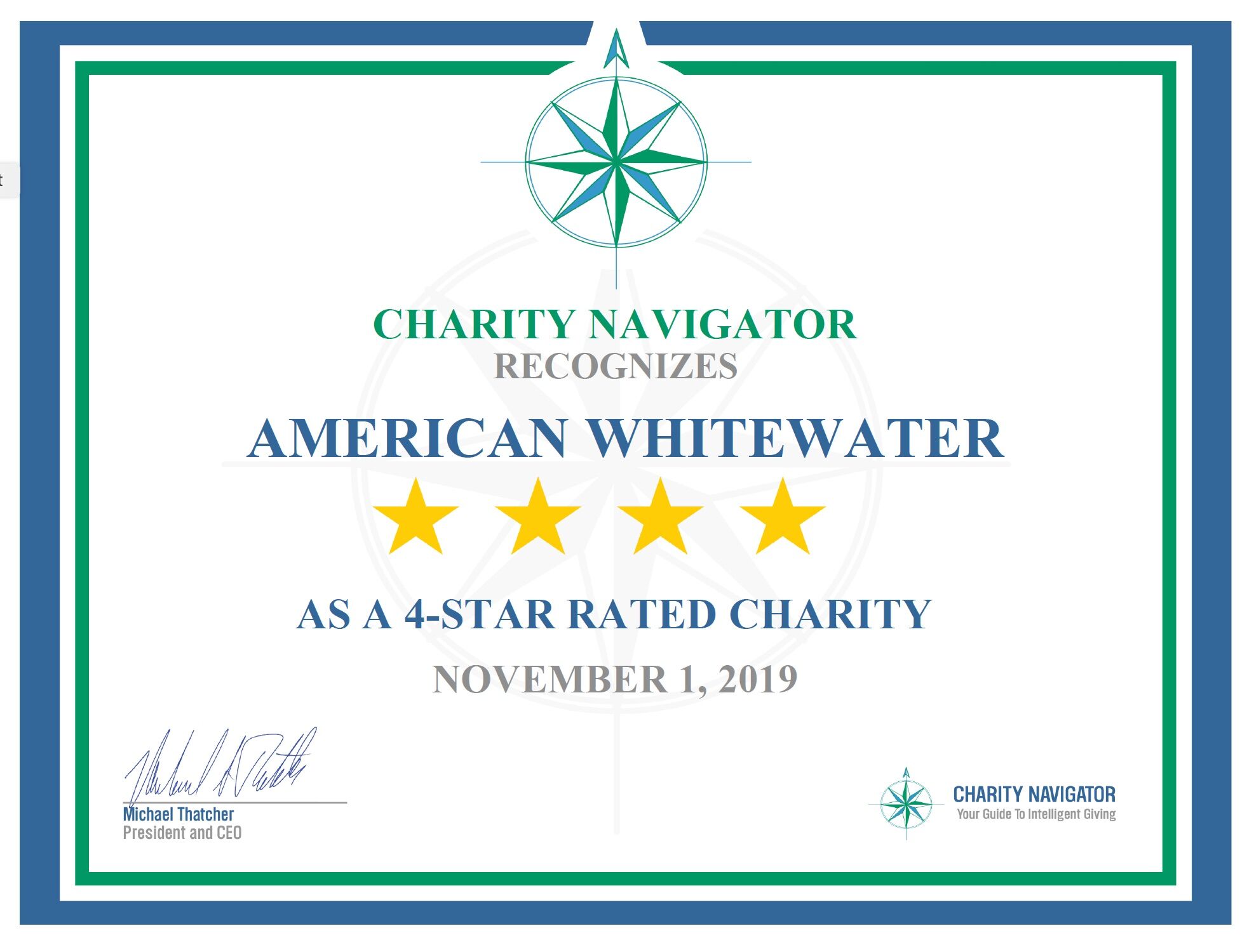 Image for CHARITY NAVIGATOR AWARDS AMERICAN WHITEWATER TENTH CONSECUTIVE 4-STAR RATING