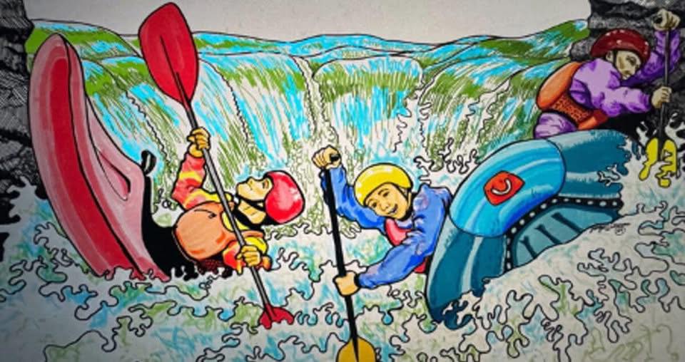 Illustrated whitewater paddlers navigating a waterfall, including kayakers and a raft, in a colorful, hand-drawn style