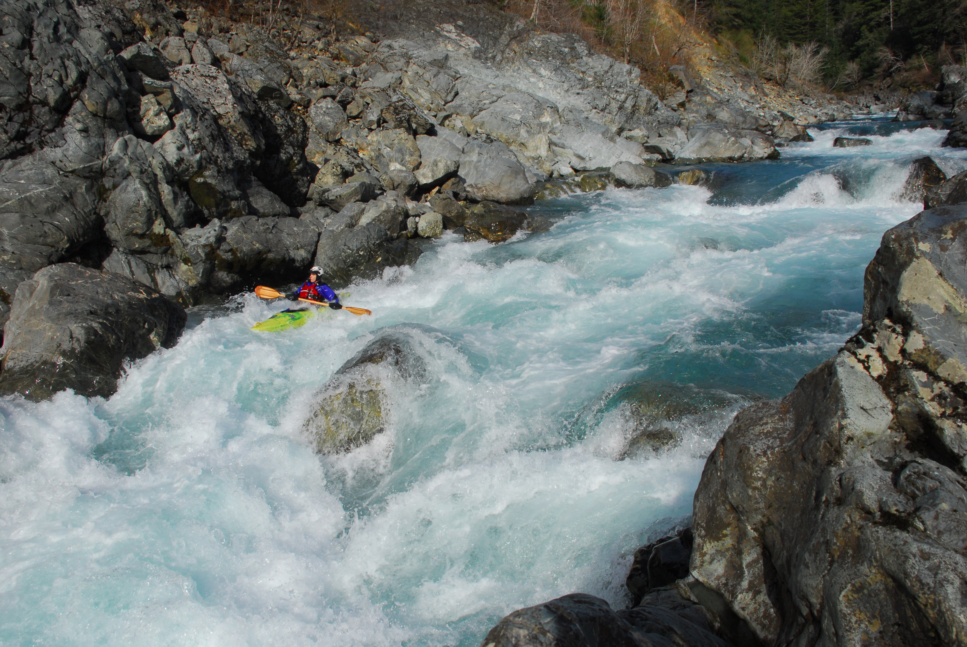 Grant Werschkull kayaking the Nozzle on the Middle Fork Smith in California.