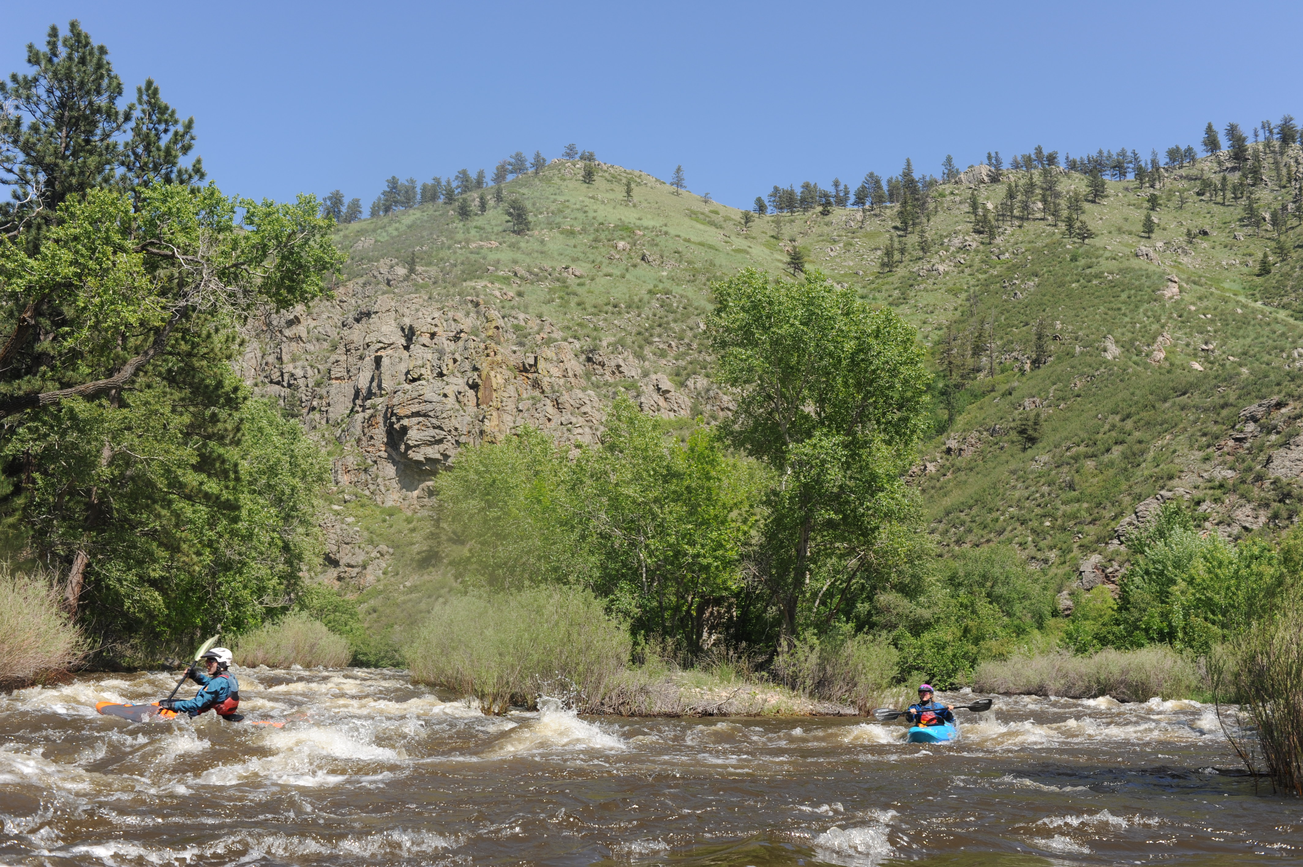 Kayaking on the Filter Plant run of the Cache la Poudre in Colorado.
