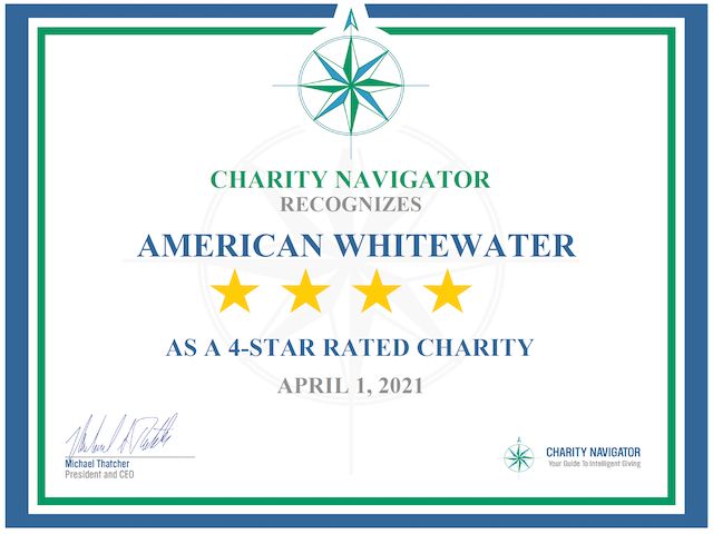 Image for American Whitewater awarded eleventh Charity Navigator 4-star rating